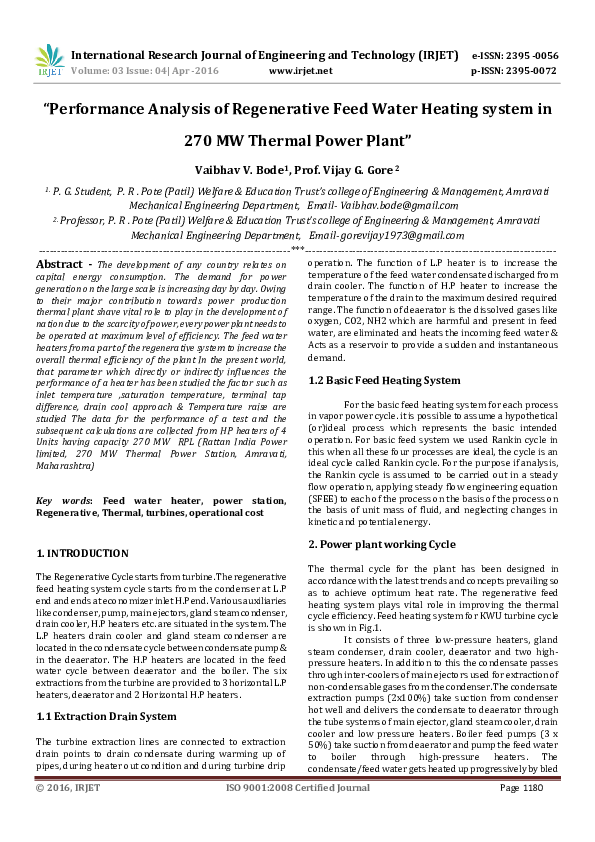 (PDF) Performance Analysis of Regenerative Feed Water Heating system in
