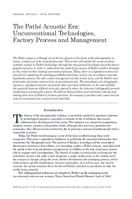 (PDF) The Pathé Acoustic Era: Unconventional Technologies, Factory ...