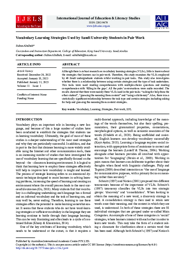 (PDF) Vocabulary Learning Strategies Used by Saudi University Students ...