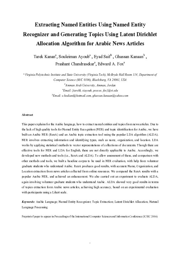 (PDF) 1 Extracting Named Entities Using Named Entity Recognizer and ...