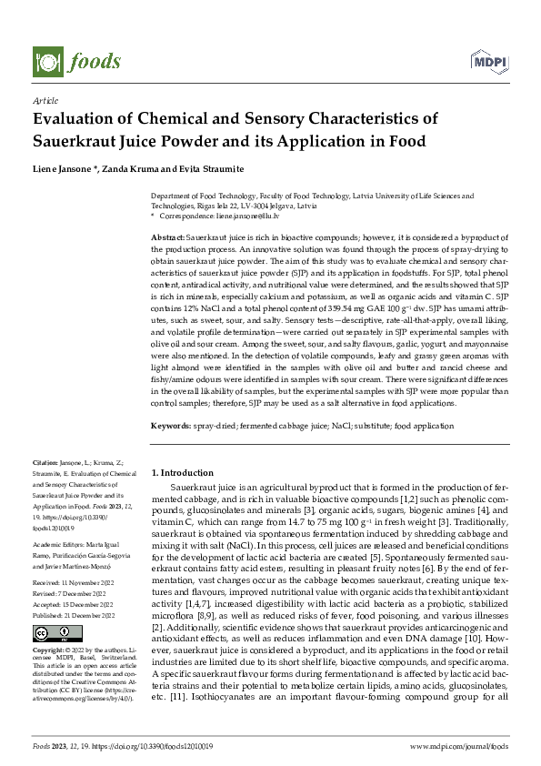 (PDF) Evaluation of Chemical and Sensory Characteristics of Sauerkraut ...