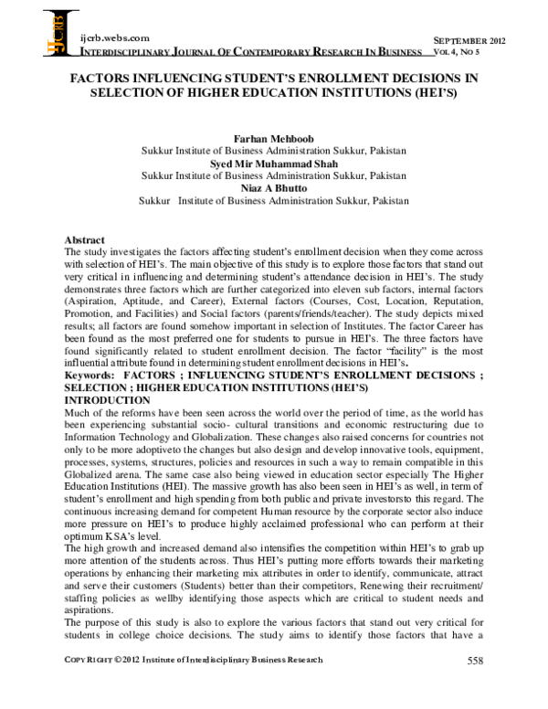 (PDF) Factors Influencing Student ’ S Enrollment Decisions in Selection ...