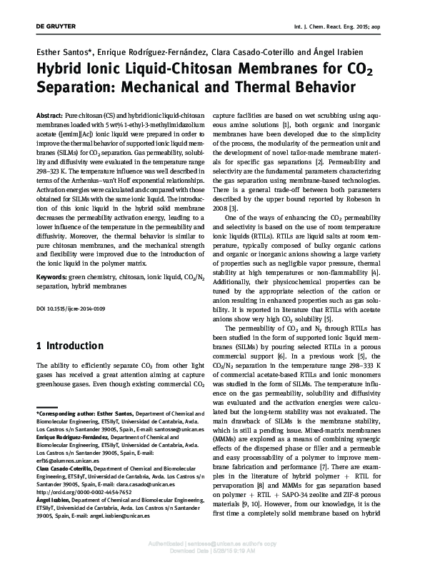 (PDF) Hybrid Ionic Liquid-Chitosan Membranes for CO2 Separation ...