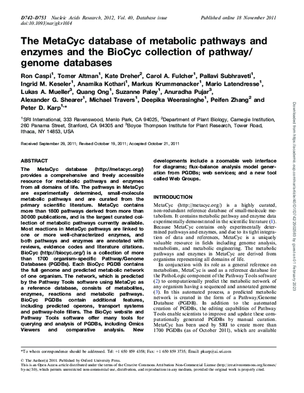 (PDF) enzymes and the BioCyc collection of pathway/ | Pallavi ...
