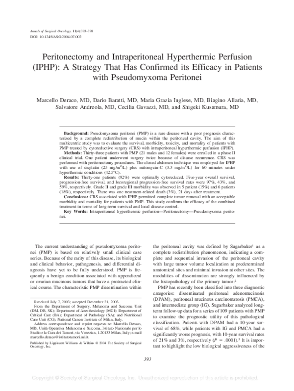 (PDF) Peritonectomy and Intraperitoneal Hyperthermic Perfusion (IPHP ...