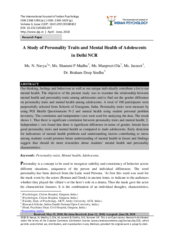 (PDF) A Study of Personality Traits and Mental Health of Adolescents in ...
