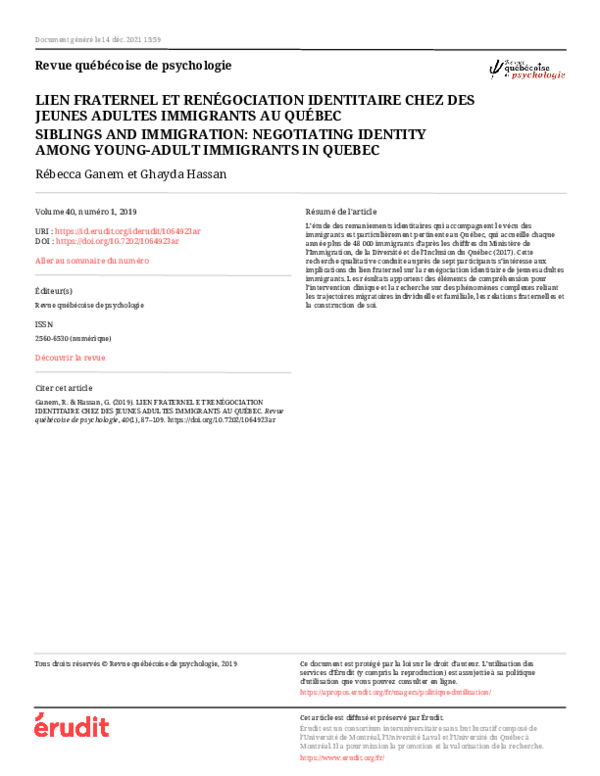 (PDF) Lien Fraternel et Renégociation Identitaire Chez Des Jeunes ...