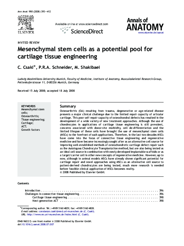 (PDF) Mesenchymal stem cells as a potential pool for cartilage tissue ...