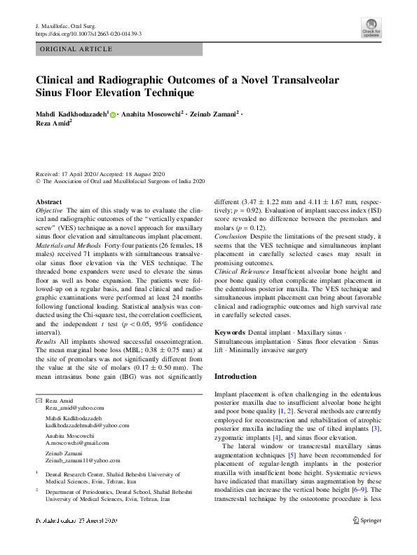 (PDF) Clinical and Radiographic Outcomes of a Novel Transalveolar Sinus ...