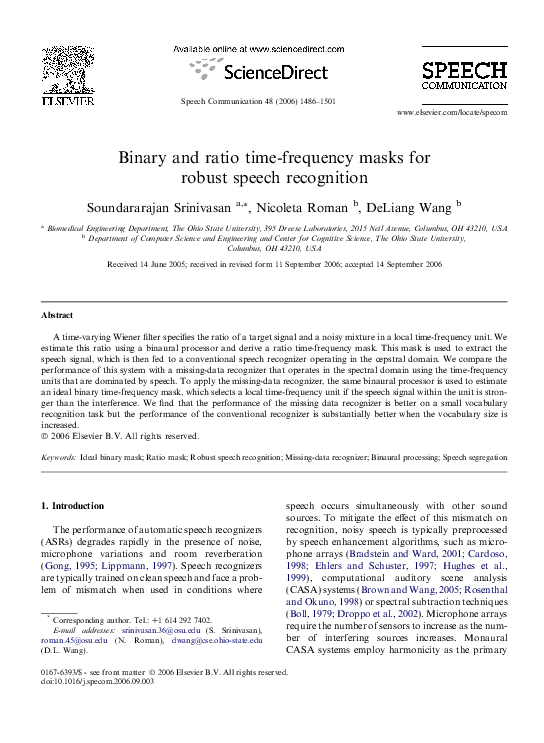 (PDF) Binary and ratio time-frequency masks for robust speech recognition