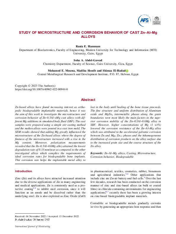 (PDF) Study of Microstructure and Corrosion Behavior of Cast Zn–Al–Mg ...