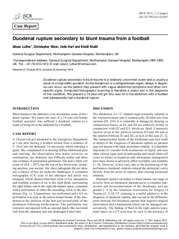 (PDF) Duodenal rupture secondary to blunt trauma from a football