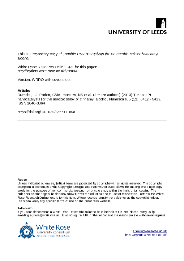 (PDF) Tunable Pt nanocatalysts for the aerobic selox of cinnamyl alcohol