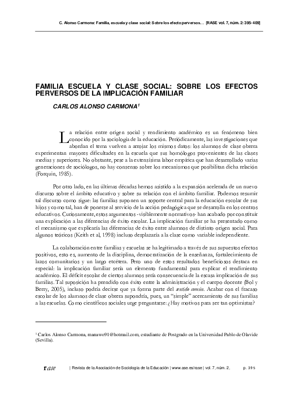 Familia, Escuela y Clase Social: Sobre Los Efectos Perversos De La Implicación Familiar