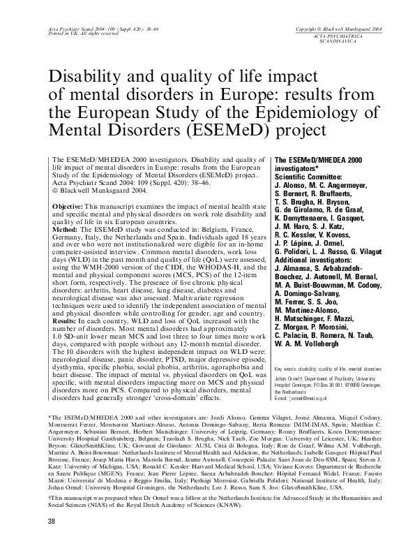 (PDF) Disability and quality of life impact of mental disorders in ...