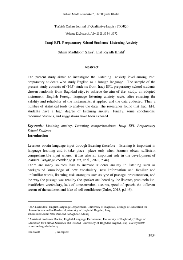 (PDF) Iraqi EFL Preparatory School Students` Listening Anxiety