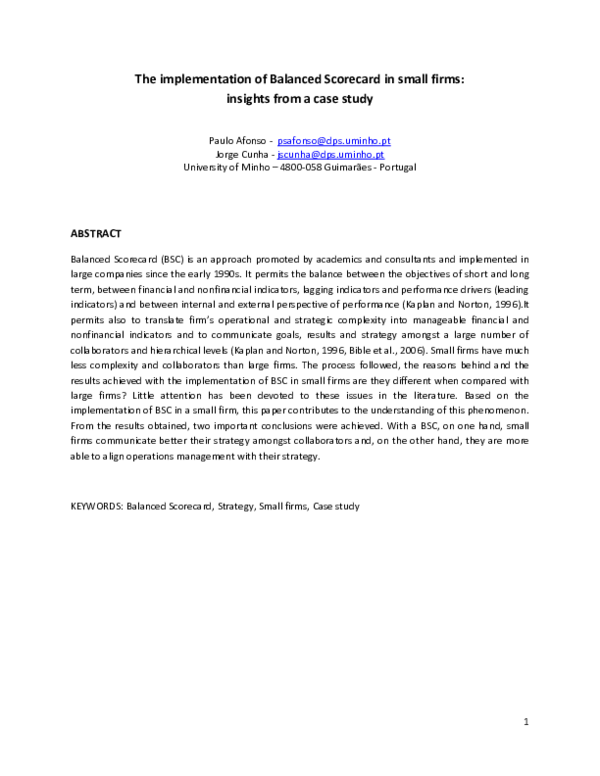 (PDF) The implementation of Balanced Scorecard in small firms : some ...