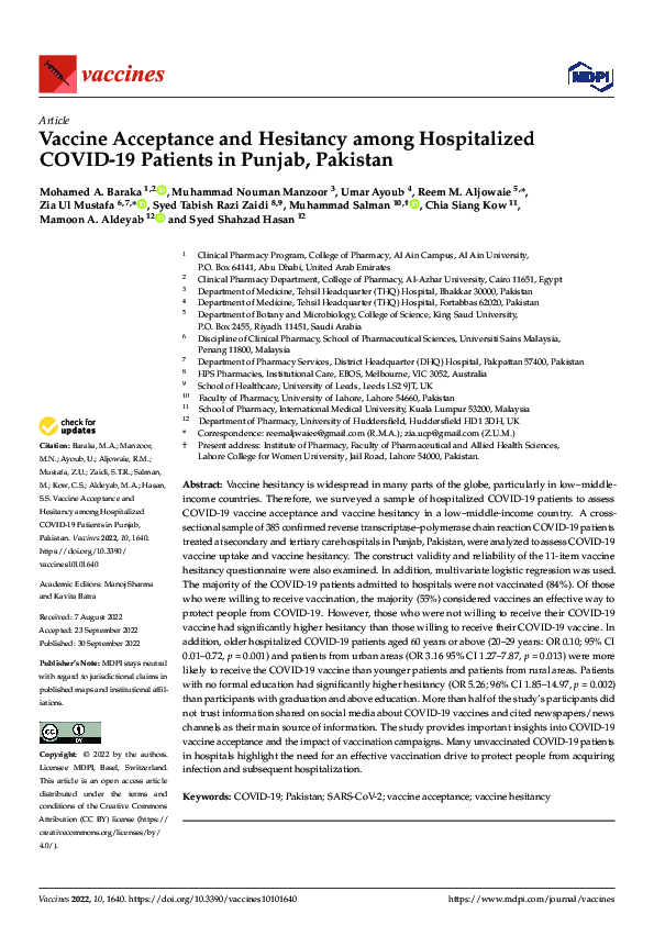 (PDF) Vaccine Acceptance and Hesitancy among Hospitalized COVID-19 ...