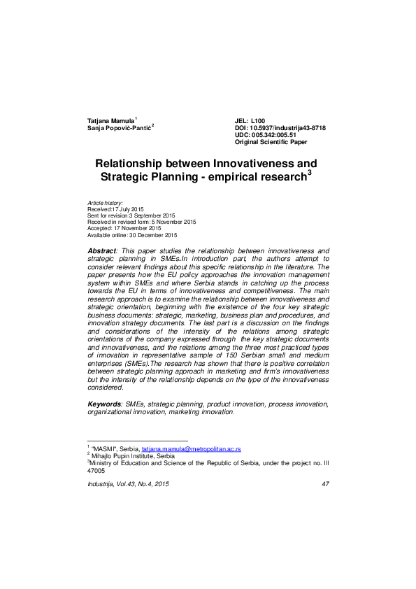 (PDF) Relationship between innovativeness and strategic planning ...