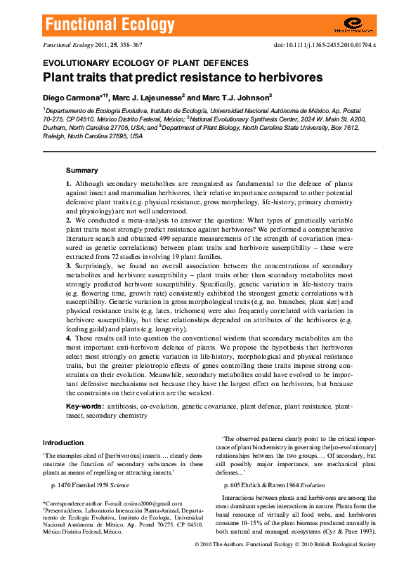 (PDF) Plant traits that predict resistance to herbivores