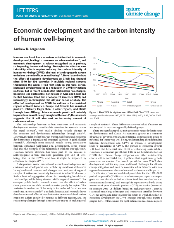 (PDF) Economic development and the carbon intensity of human well-being