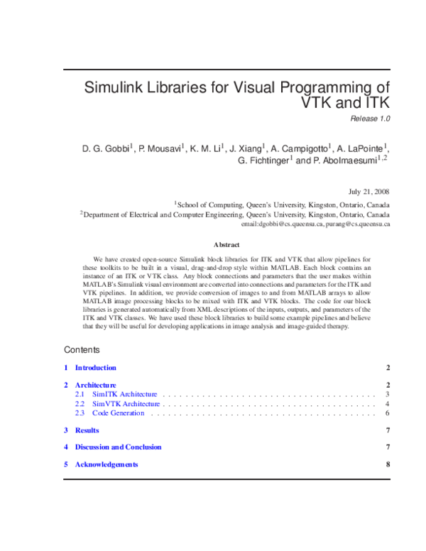 (PDF) Simulink Libraries for Visual Programming of VTK and ITK