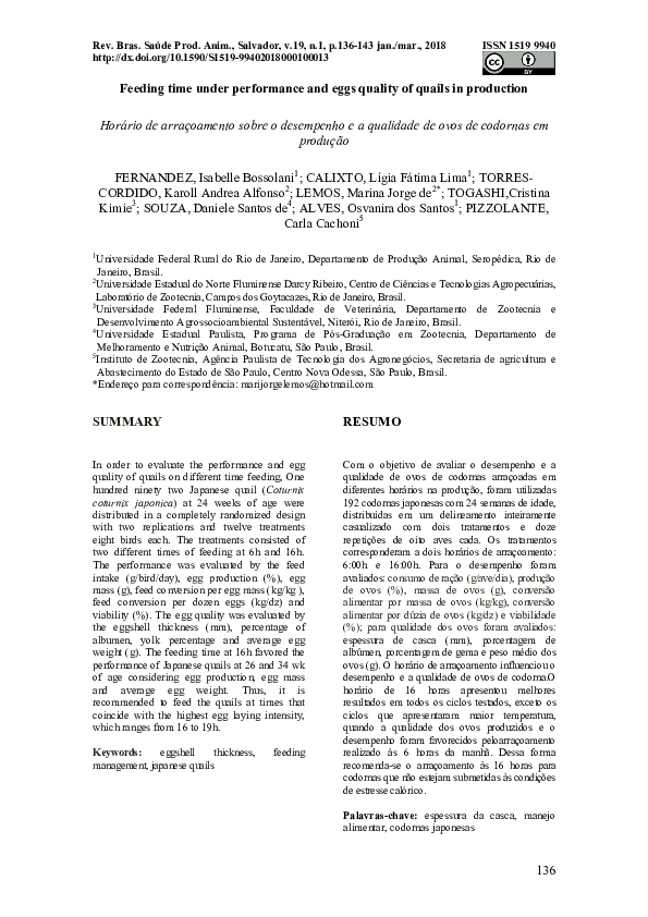 (PDF) Feeding time under performance and eggs quality of quails in