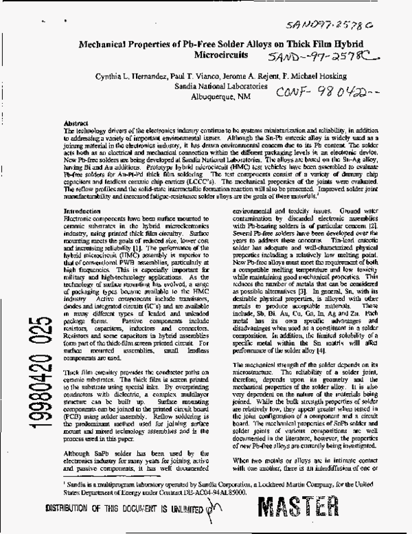 (PDF) Mechanical properties of Pbfree solder alloys on thick film