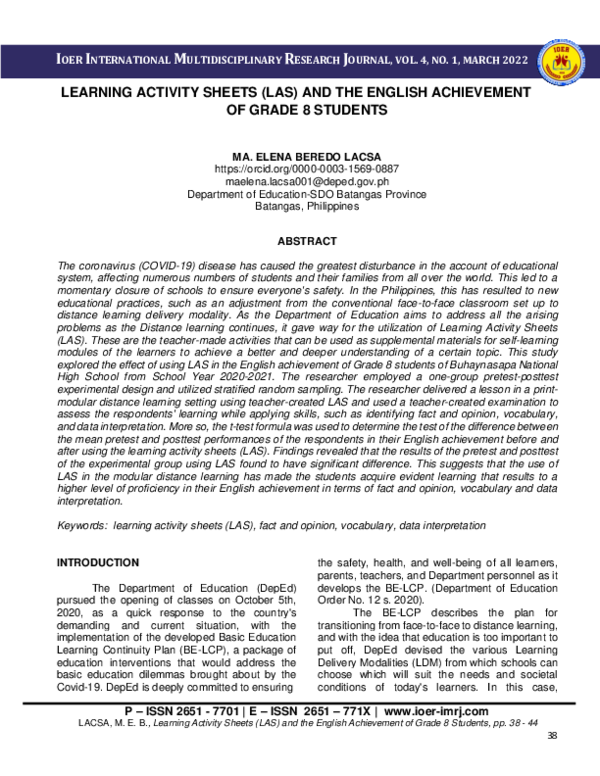 (PDF) Learning Activity Sheets (LAS) and the English Achievement of ...