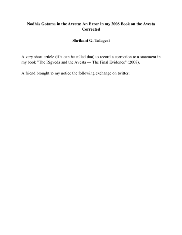 Nodhās Gotama in the Avesta: An Error in my 2008 Book on the Avesta Corrected