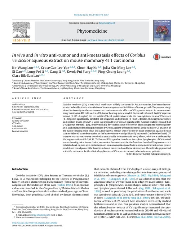 (PDF) In vivo and in vitro anti-tumor and anti-metastasis effects of ...