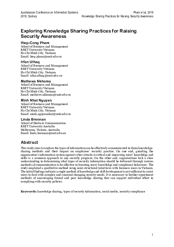 (PDF) Exploring Knowledge Sharing Practices for Raising Security Awareness