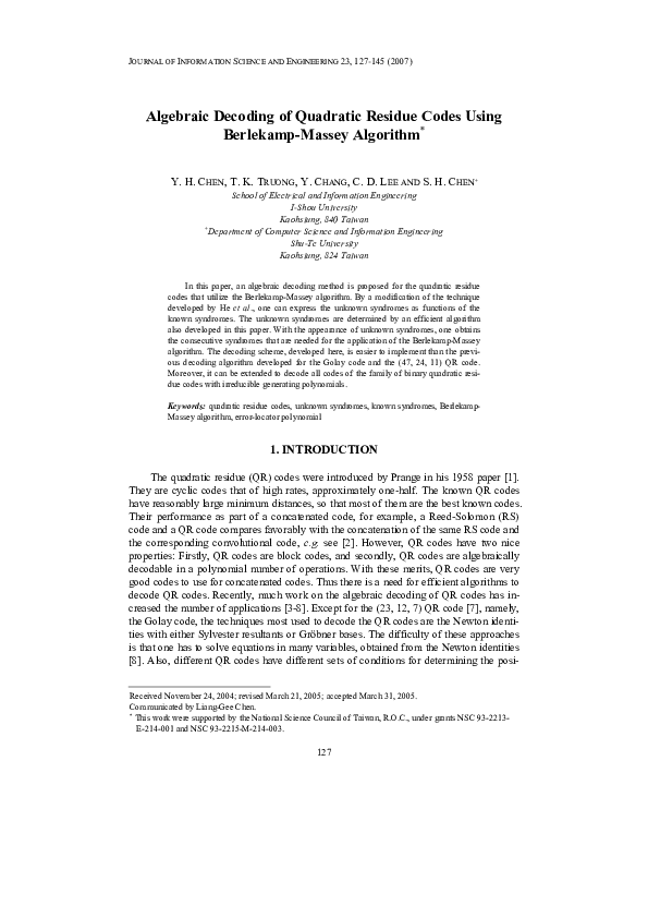 (PDF) Algebraic Decoding of Quadratic Residue Codes Using Berlekamp ...