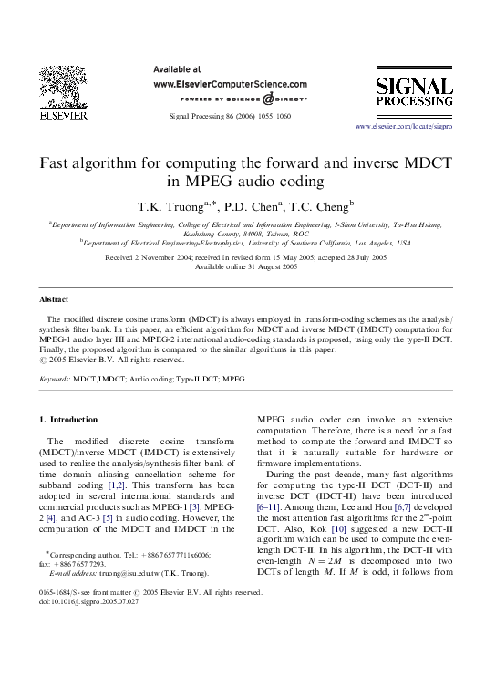 (PDF) Fast algorithm for computing the forward and inverse MDCT in MPEG ...