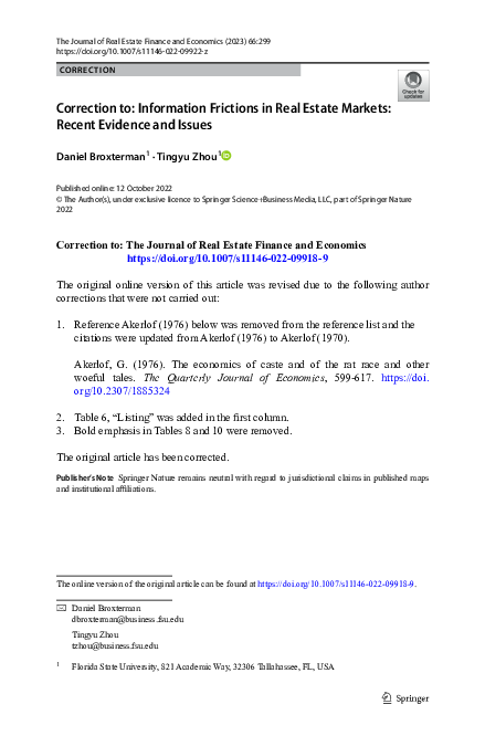 Correction to: Information Frictions in Real Estate Markets: Recent Evidence and Issues