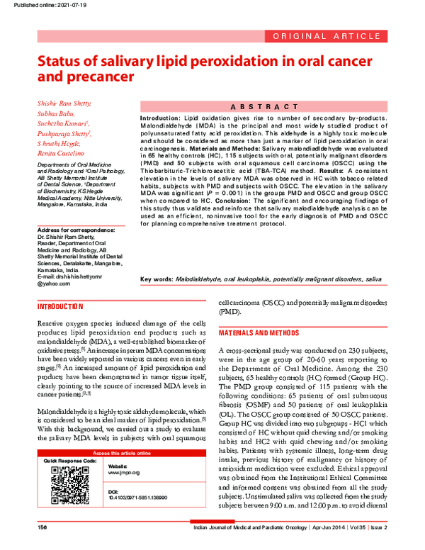 (PDF) Status of salivary lipid peroxidation in oral cancer and precancer