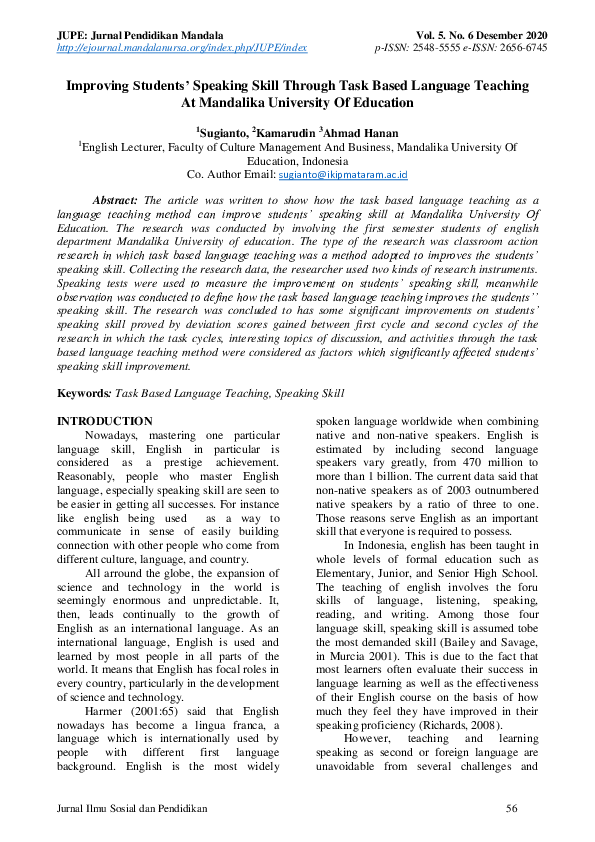 (PDF) Improving Students’ Speaking Skill Through Task Based Language ...