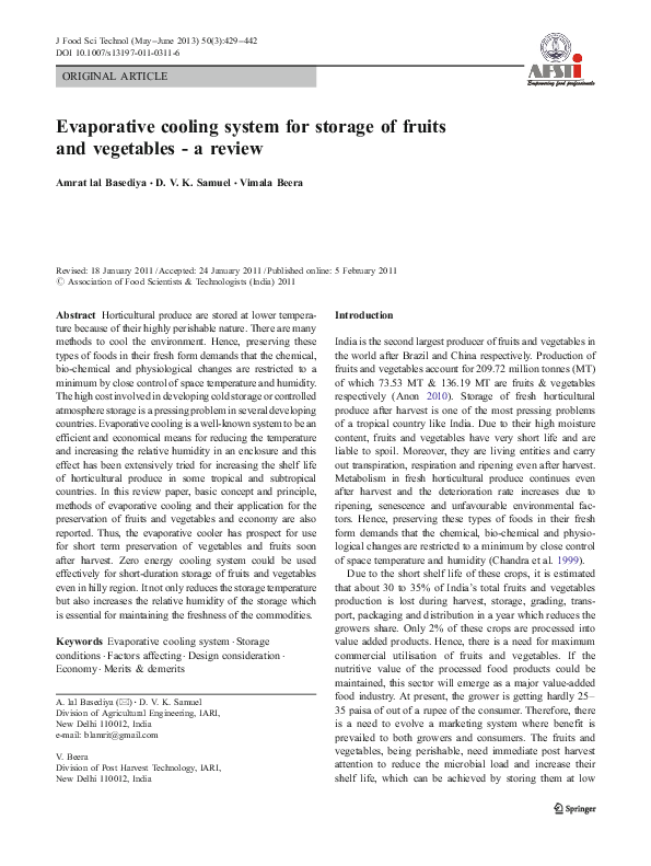 (PDF) Evaporative cooling system for storage of fruits and vegetables