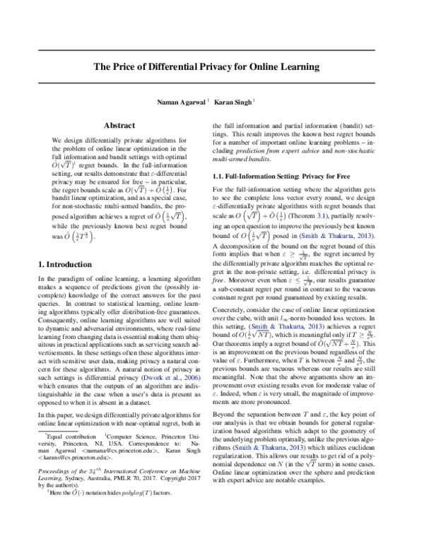 (PDF) The Price of Differential Privacy for Online Learning