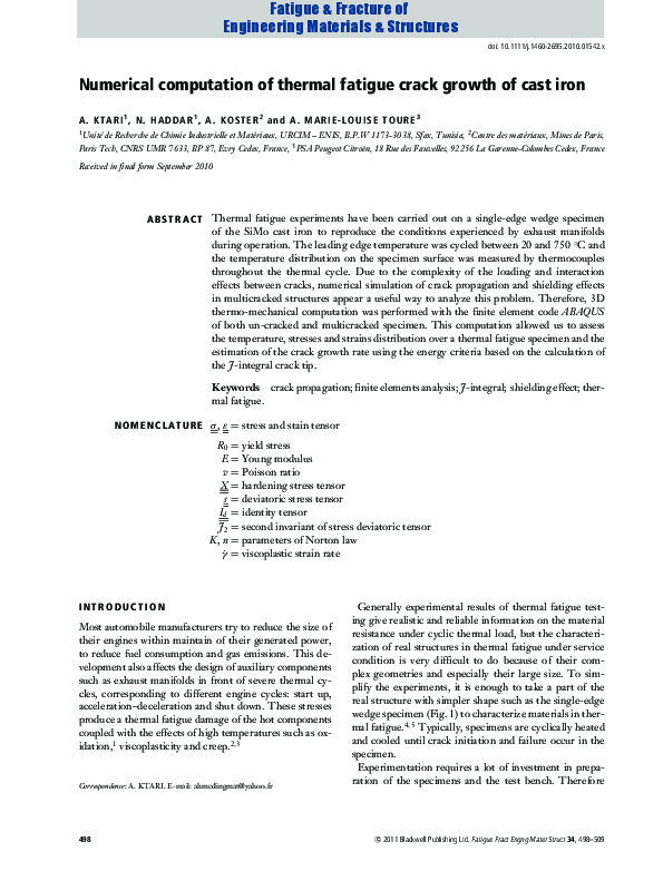 (PDF) Numerical computation of thermal fatigue crack growth of cast iron