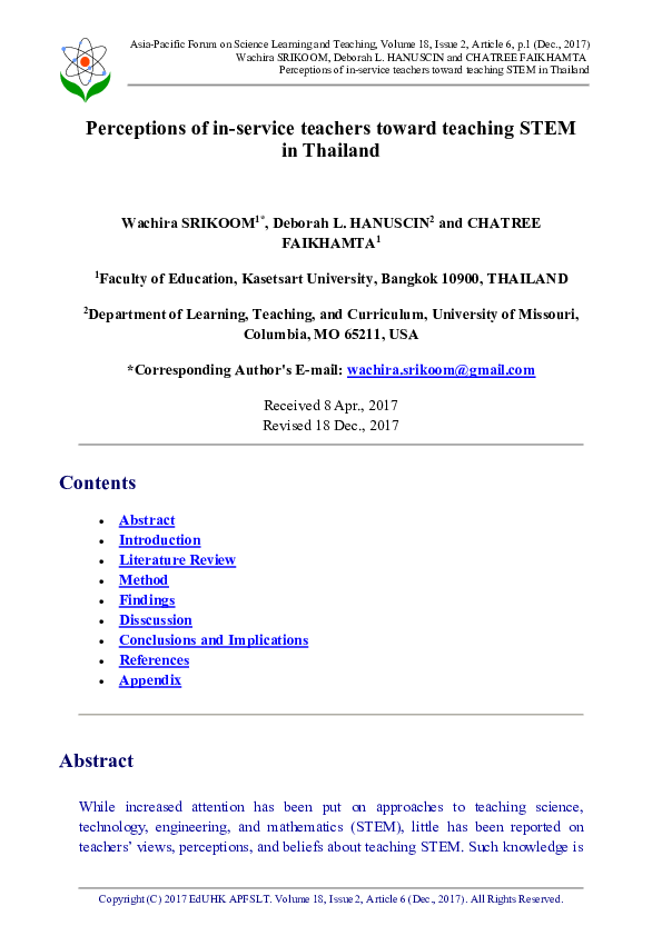 (PDF) Perceptions of In-Service Teachers toward Teaching STEM in Thailand