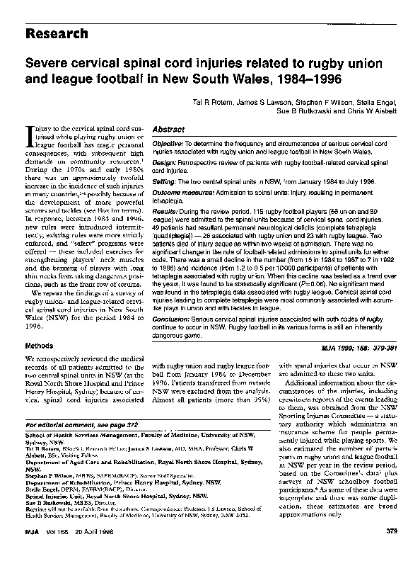 (PDF) Severe cervical spinal cord injuries related to rugby union and ...