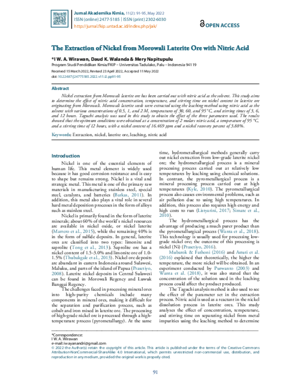 (PDF) Extraction of Nickel from Morowali Laterite Ore with Nitric Acid