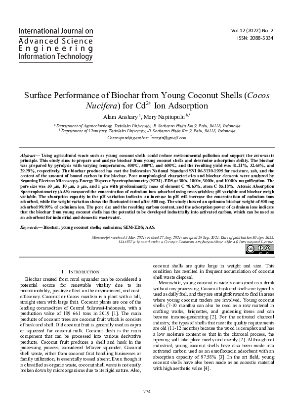 (PDF) Surface Performance of Biochar from Young Coconut Shells (Cocos ...