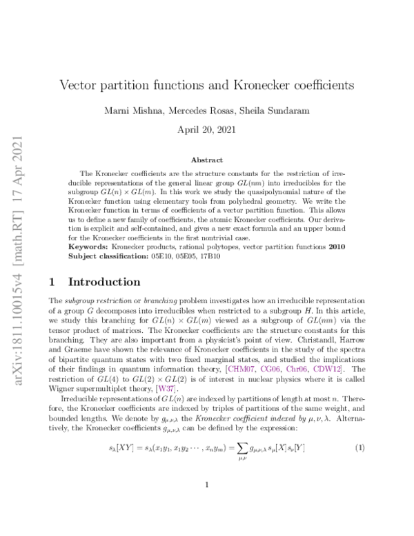 (PDF) Vector partition functions and Kronecker coefficients
