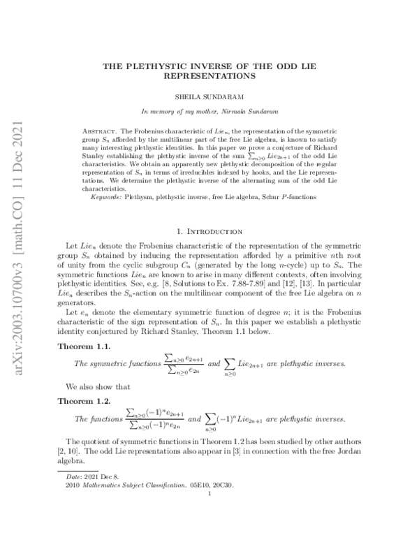 (PDF) The plethystic inverse of the odd Lie representations