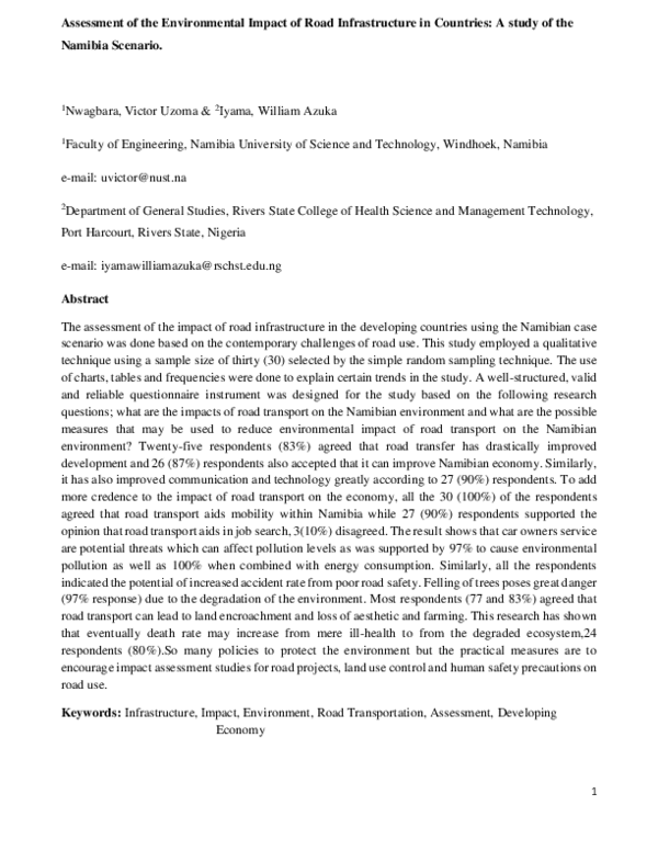 (PDF) Assessment of the Environmental Impact of Road Infrastructure in