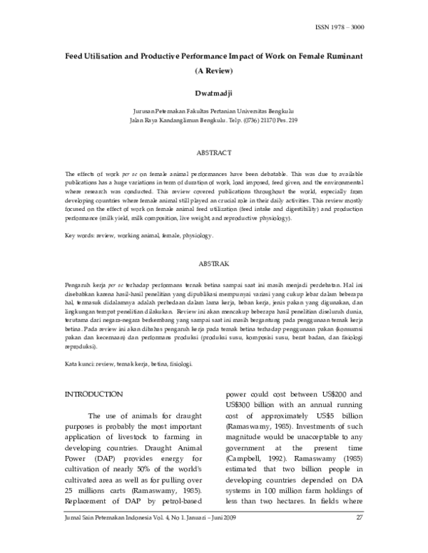 (PDF) Feed Utilisation and Productive Performance Impact of Work on ...