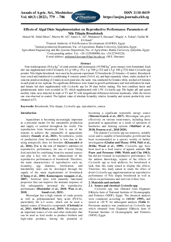 Effects of Algal Diets Supplementation on Reproductive Performance Parameters of Nile Tilapia Broodstock