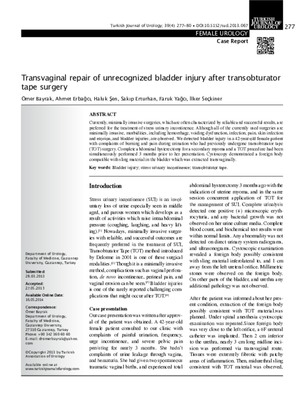 (PDF) Transvaginal repair of unrecognized bladder injury after ...